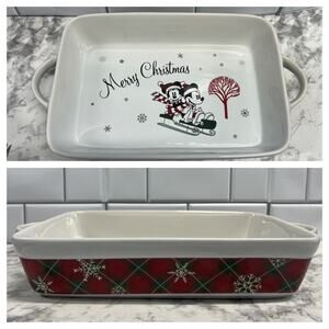 Christmas Disney Baking Dish, 12 x 9 Mickey & Minnie Sledding Christmas, Plaid
